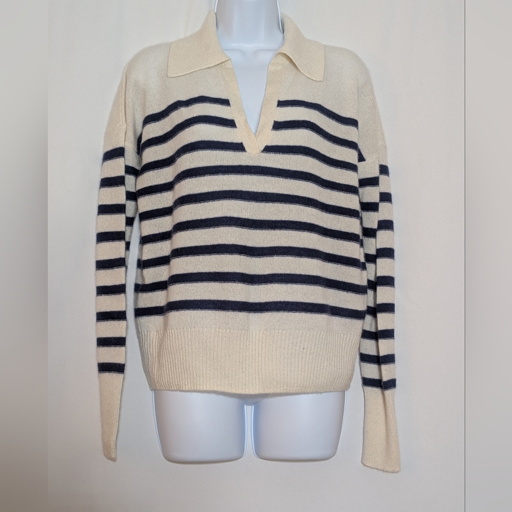 Vineyard Vines Cream and Black Striped V-Neck Sweater - Picture 5 of 10